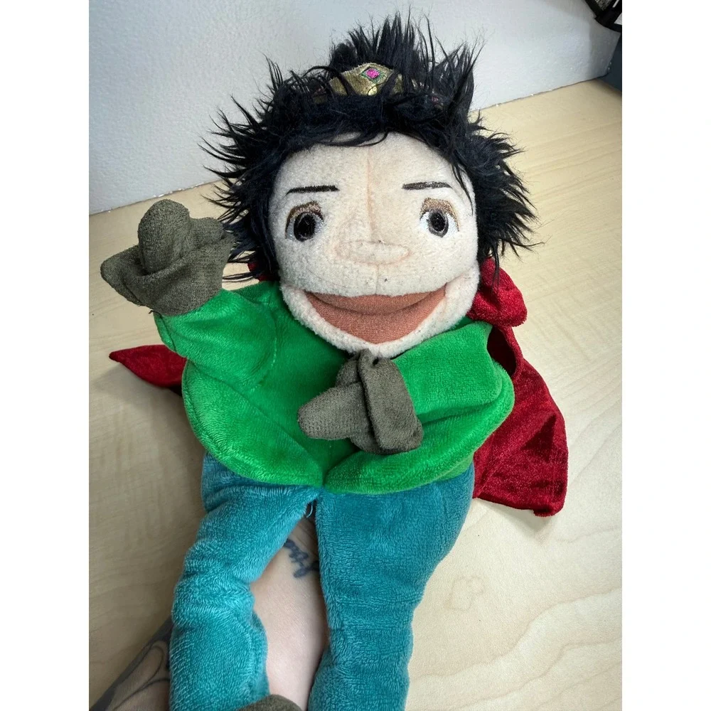 Prince Hero Hand Puppet with Red Velvet Dragon Crest Cape Black Hair Crown Plush